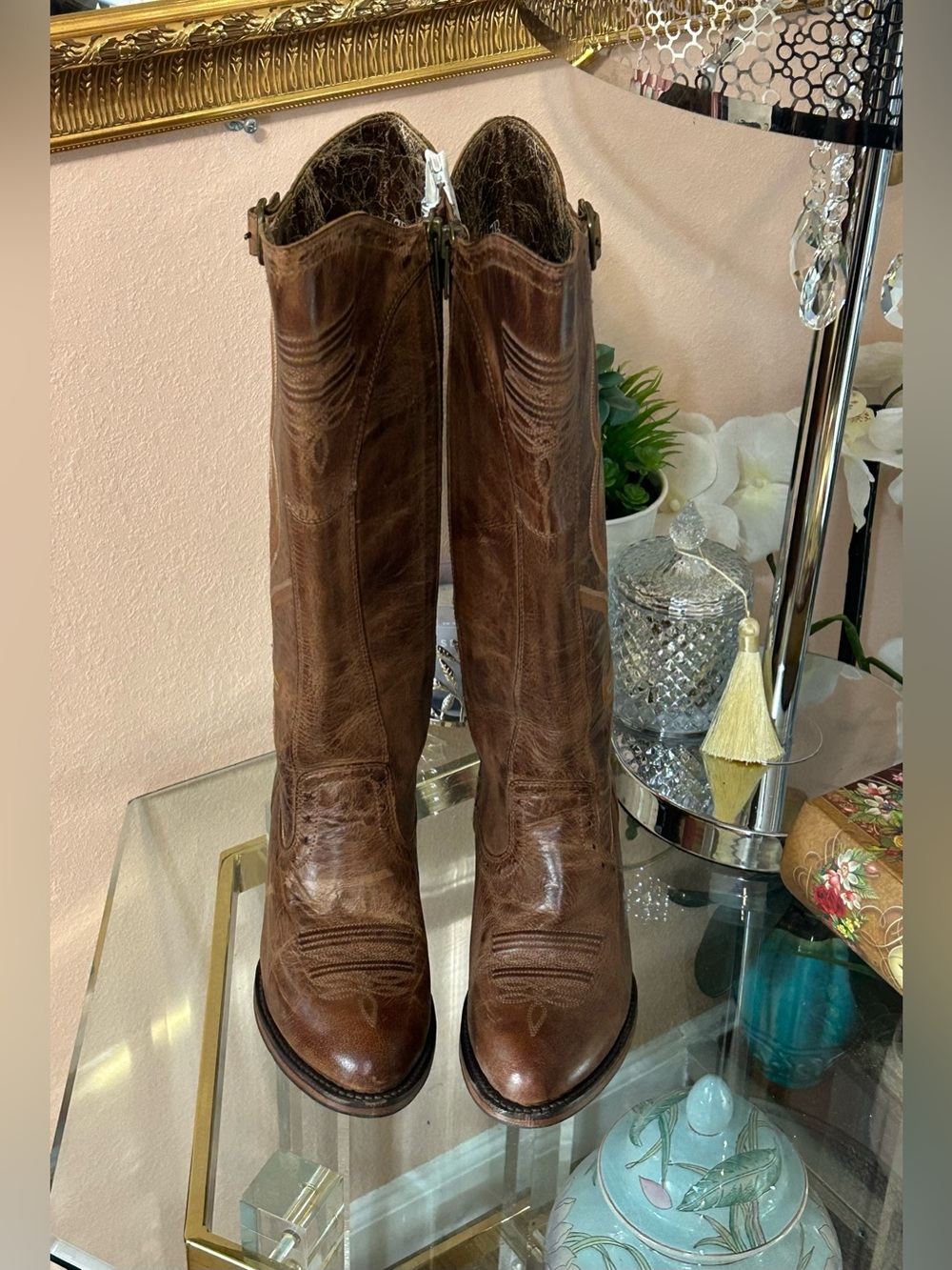 Ariat Distressed Brown Embroidered Leather Western Heeled Zipper Boots Size 7 - Picture 8 of 16